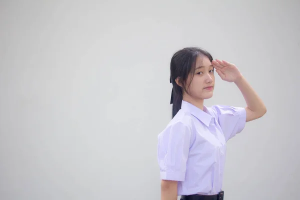 Asiatisch Thai High School Student Uniform Hübsch Mädchen Salute — Stockfoto