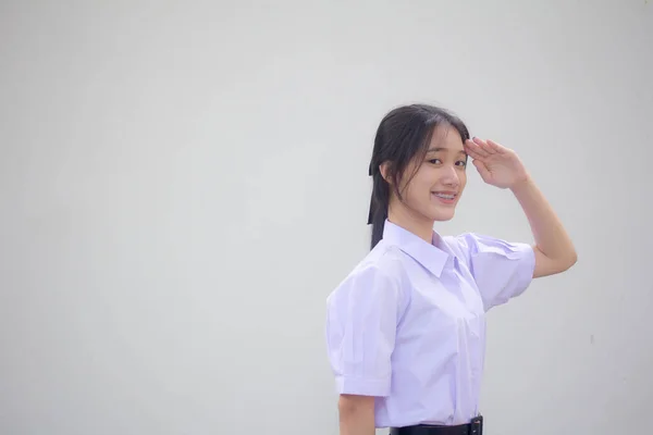 Asia Thajská Střední Škola Student Uniforma Krásný Dívka Salute — Stock fotografie