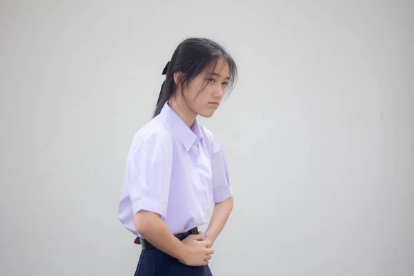 Ásia Tailandês Estudante Ensino Médio Uniforme Bela Menina Dor Estômago — Fotografia de Stock