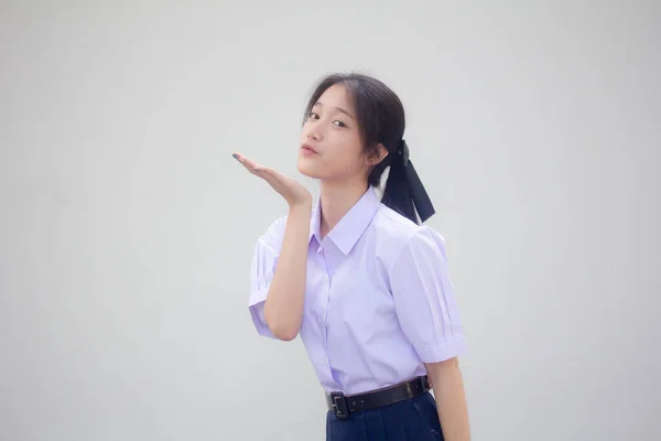 Ásia Tailandês Estudante Ensino Médio Uniforme Bela Menina Enviar Beijo — Fotografia de Stock