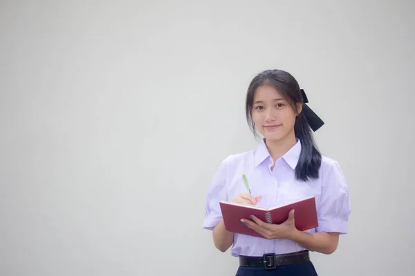 Ásia Tailandês Estudante Ensino Médio Uniforme Bela Menina Escreva Livro — Fotografia de Stock