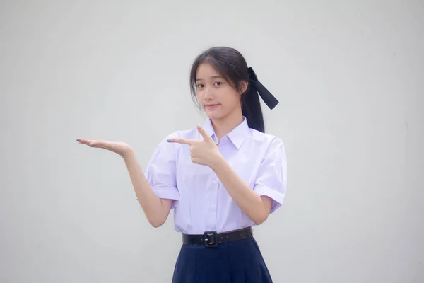 Asia Thai High School Student Uniform Beautiful Girl Show Hand — Stock Photo, Image