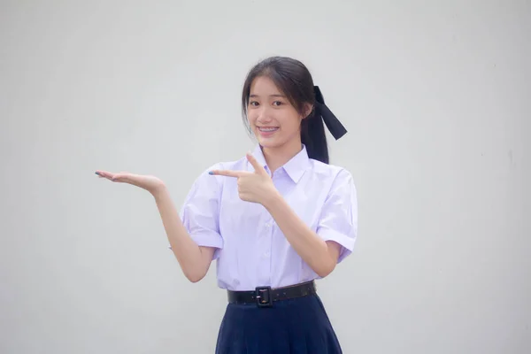 Asiatisch Thai Hochschule Student Uniform Hübsch Mädchen Zeigen Hand — Stockfoto