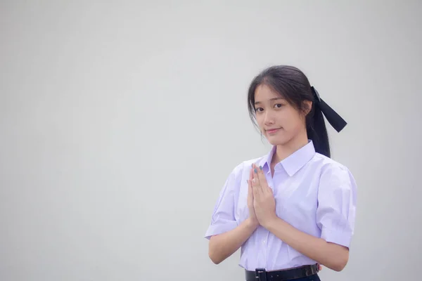 Thai High School Student Uniform Hübsch Mädchen Thai Pay Respect — Stockfoto