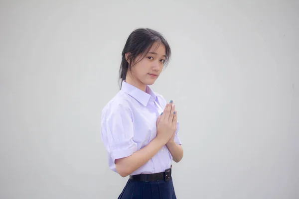 Thai Lycéen Uniforme Belle Fille Thai Payer Respect — Photo
