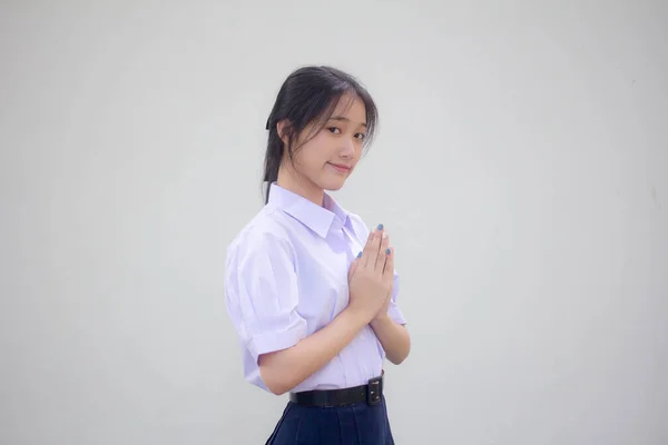 Tailandês Estudante Ensino Médio Uniforme Bela Menina Tailandesa Pagar Respeito — Fotografia de Stock