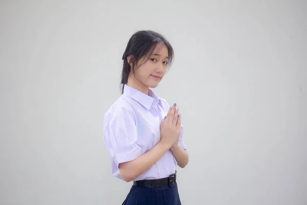 Thai High School Student Uniform Beautiful Girl Thai Pay Respect — Stock Photo, Image