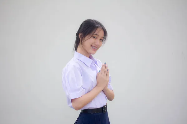 Thai High School Student Uniform Hübsch Mädchen Thai Pay Respect — Stockfoto