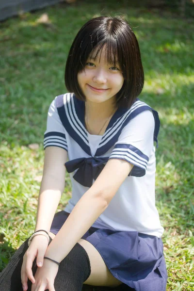 Japonais Adolescent Belle Fille Dans Étudiant Sourire Détendre — Photo