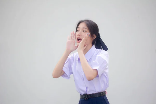 Asia Thai High School Student Uniform Beautiful Girl Shout — Stockfoto