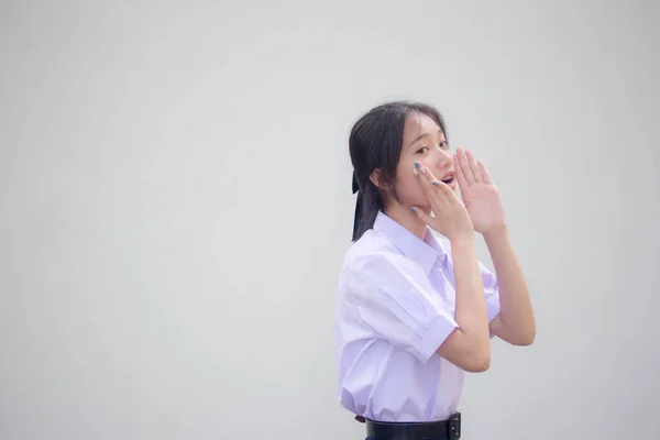 Asia Thai High School Student Uniform Beautiful Girl Shout — стокове фото