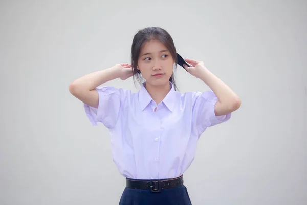Asia Thai High School Student Uniform Beautiful Girl Hair Tie — Stock Photo, Image
