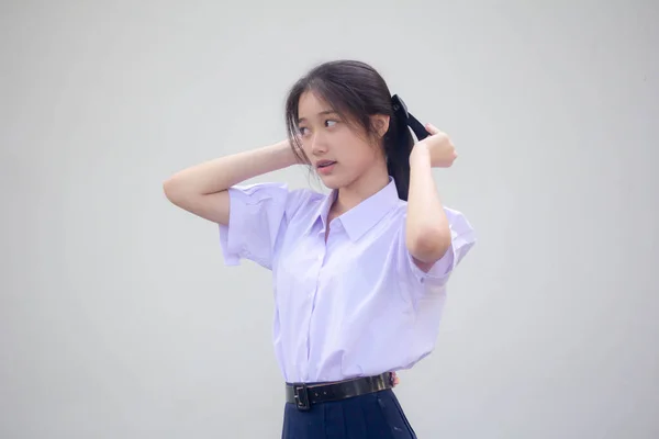 Asia Thai High School Student Uniform Beautiful Girl Hair Tie — Stock fotografie