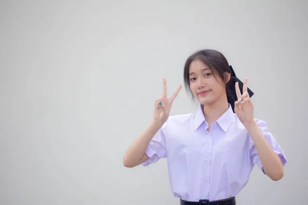 Portret Van Thaise Middelbare School Student Uniform Mooi Meisje Overwinning — Stockfoto
