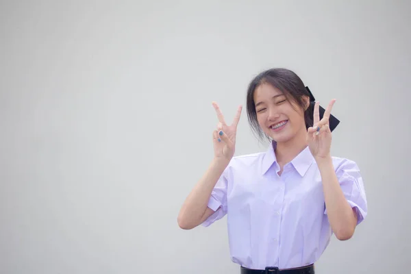 Portré Thai Középiskolai Diák Egyenruha Gyönyörű Lány Győzelem — Stock Fotó