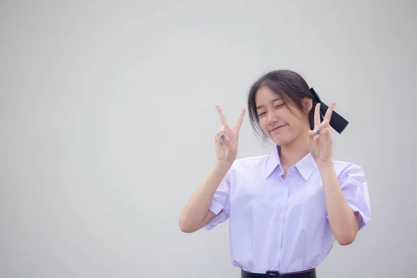 Retrato Tailandês Estudante Ensino Médio Uniforme Bela Vitória Menina — Fotografia de Stock