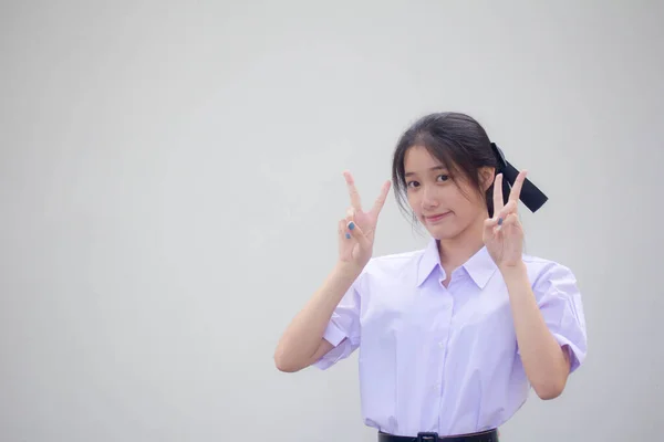 Портрет Тайської Старшокласниці Уніформа Красива Дівчина Перемога — стокове фото