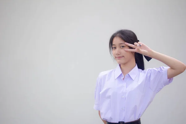 Retrato Tailandês Estudante Ensino Médio Uniforme Bela Vitória Menina — Fotografia de Stock