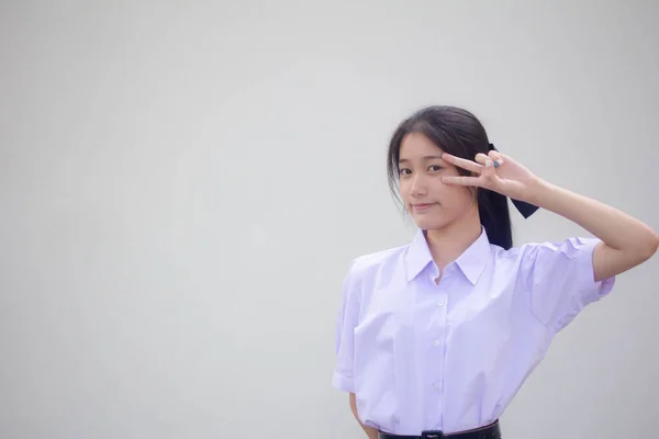 Portret Van Thaise Middelbare School Student Uniform Mooi Meisje Overwinning — Stockfoto