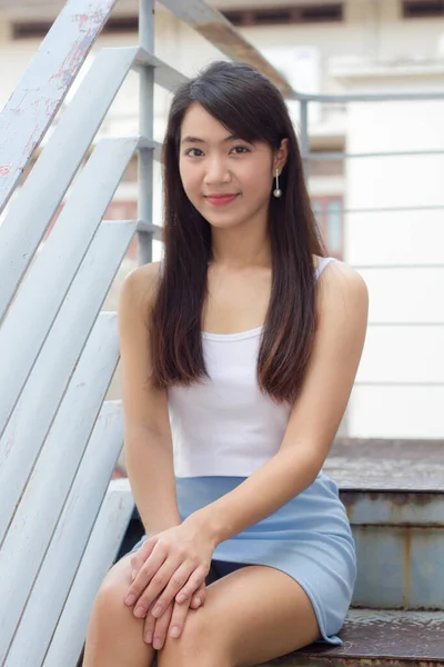 Portrait Thai Adult Beautiful Girl White Shirt Light Blue Skirt — Stock Photo, Image