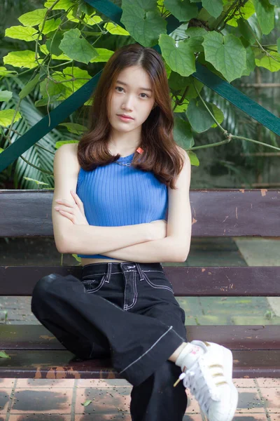 Portrait Von Thai China Adult Beautiful Girl Blue Shirt Black — Stockfoto