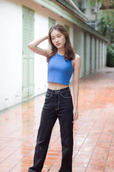 Portrait Von Thai China Adult Beautiful Girl Blue Shirt Black — Stockfoto