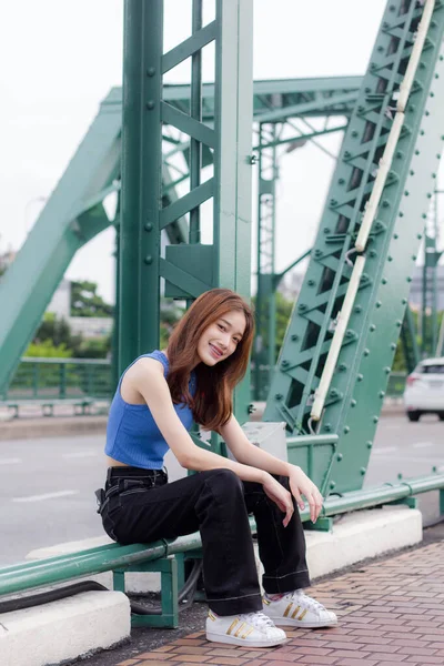 Portrait Thai China Adult Beautiful Girl Blue Shirt Black Jeans — Stock Photo, Image