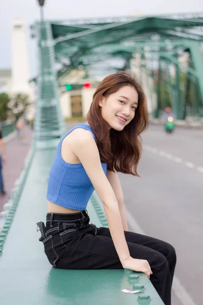 Portrait Thai China Adult Beautiful Girl Blue Shirt Black Jeans — Stock Photo, Image