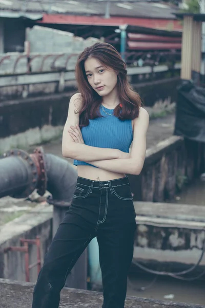 Portrait Thai China Adult Beautiful Girl Blue Shirt Black Jeans — Stock Photo, Image