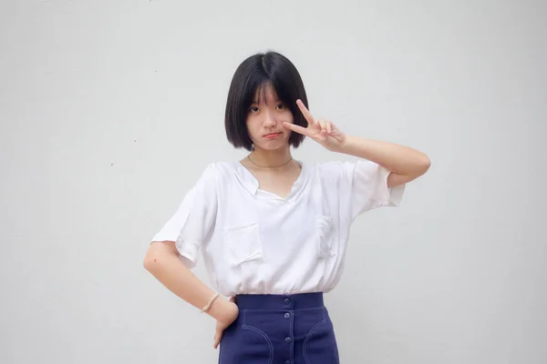 Ásia Tailandês Adolescente Branco Shirt Bela Menina Vitória — Fotografia de Stock