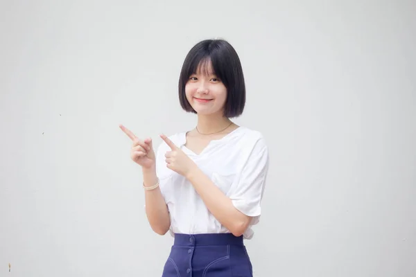 Asia Thai Teen White Shirt Beautiful Girl Pointing — Stock Photo, Image