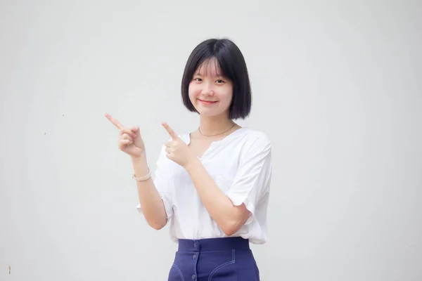 Asiatisch Thai Teen Weiß Shirt Hübsch Mädchen Pointing — Stockfoto