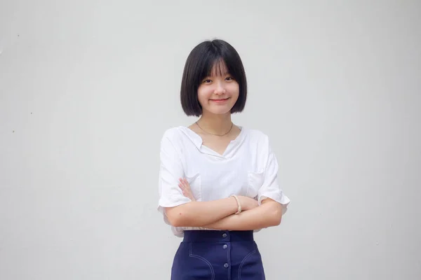 Azjatyckie Tajski Nastolatek Biały Shirt Piękny Dziewczyna Uśmiech Relaks — Zdjęcie stockowe