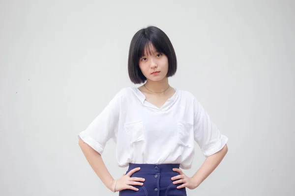 Asia Thai Teen Vit Shirt Vacker Flicka Leende Och Koppla — Stockfoto