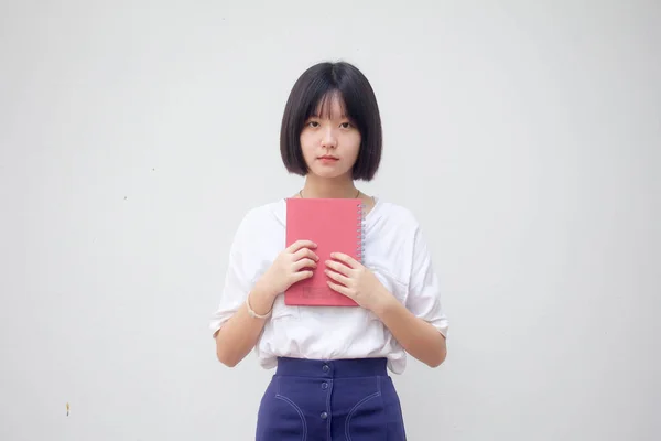 Asiático Tailandés Adolescente Blanco Camiseta Hermosa Chica Leer Libro — Foto de Stock