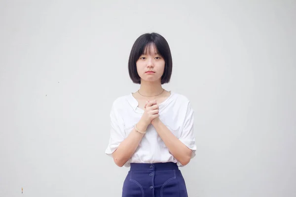 Ázsiai Thai Tini Fehér Póló Gyönyörű Lány Ima — Stock Fotó