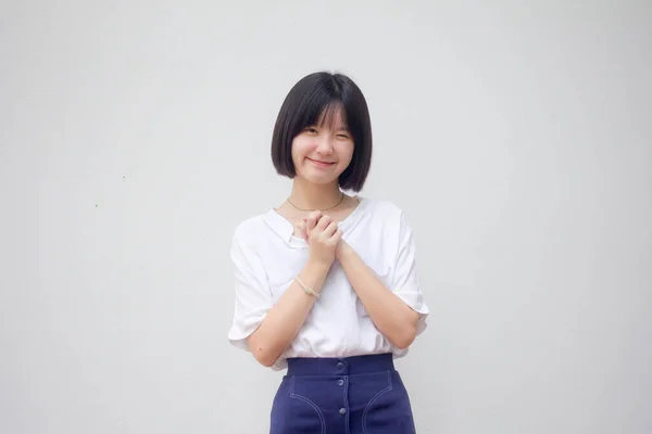 Ásia Tailandês Adolescente Branco Shirt Bela Menina Rezar — Fotografia de Stock