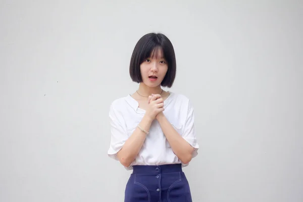 Asiático Tailandés Adolescente Blanco Camiseta Hermosa Chica Orar — Foto de Stock
