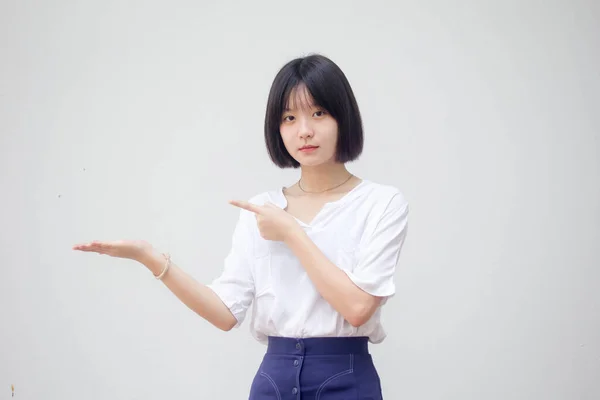 Asijské Thajská Dospívající Bílý Tričko Krásný Dívka Show Ruční — Stock fotografie