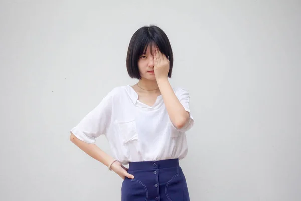 Asia Thai Teen White Shirt Beautiful Girl Don Look — Stock Photo, Image