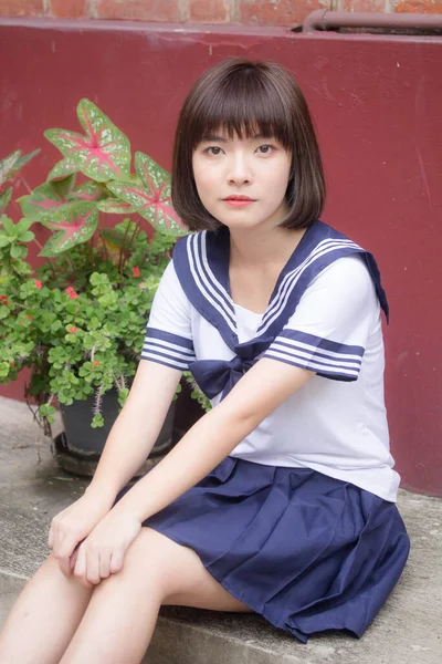 Japonais Adolescent Belle Fille Dans Étudiant Sourire Détendre — Photo