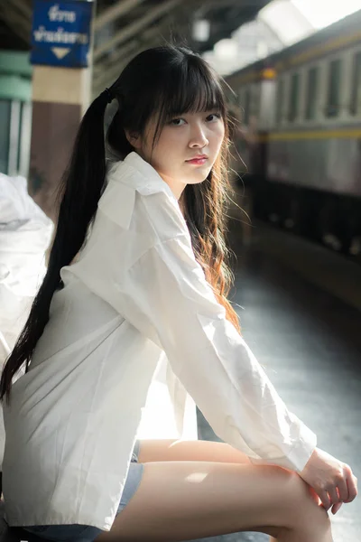 Portrait Von Thai Japan Adult Beautiful Girl White Shirt Blue — Stockfoto