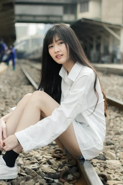 Portrait Von Thai Japan Adult Beautiful Girl White Shirt Blue — Stockfoto