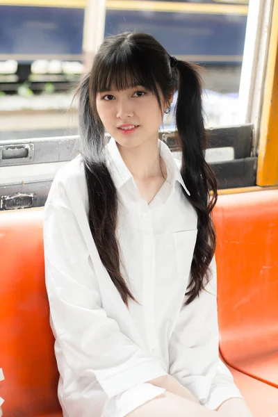 Portrait Von Thai Japan Adult Beautiful Girl White Shirt Blue — Stockfoto