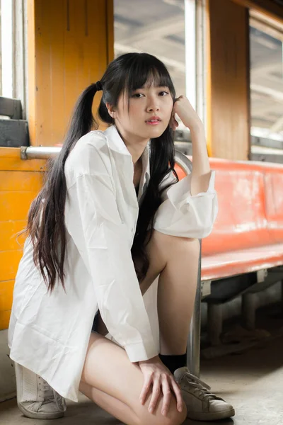 Portrait Von Thai Japan Adult Beautiful Girl White Shirt Blue — Stockfoto