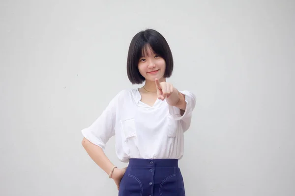 Ásia Tailandês Adolescente Branco Shirt Bela Menina Apontando — Fotografia de Stock