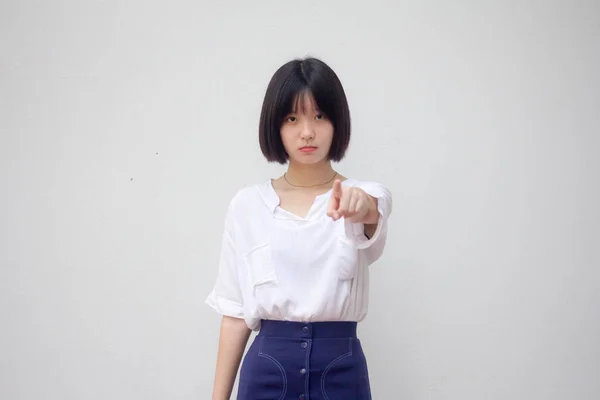 Asien Thai Tonåring Vit Shirt Vacker Flicka Pekar — Stockfoto