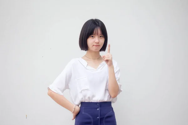 Azië Thai Tiener Wit Shirt Mooi Meisje Wijzend — Stockfoto