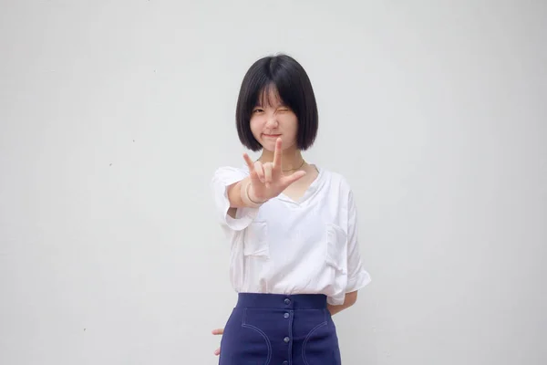 Asiático Tailandés Adolescente Blanco Camiseta Hermosa Chica Amor Usted —  Fotos de Stock