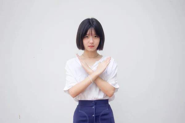 Ásia Tailandês Adolescente Branco Shirt Bela Menina Parar — Fotografia de Stock